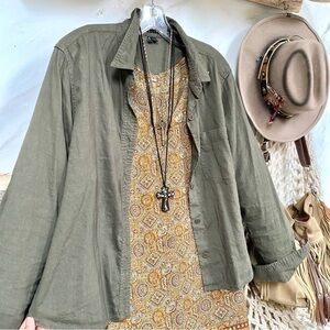 THEORY olive linen blend boho shirt cover up w Safari vibe